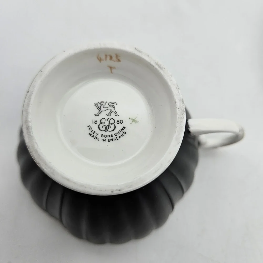 VTG EB Foley Pink Cabbage Rose Gold Trim Black Exterior Teacup and Saucer RARE